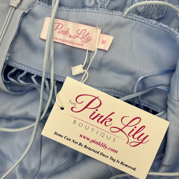 Pink Lily Embroidered Sheath Pencil Dress Medium Mesh Blue V Neck Strappy - Picture 11 of 14